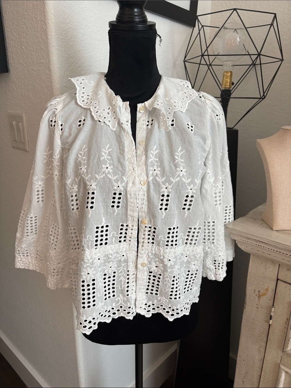 Jennifer and Grace White Embroidered Eyelet Button-Front Women's Top